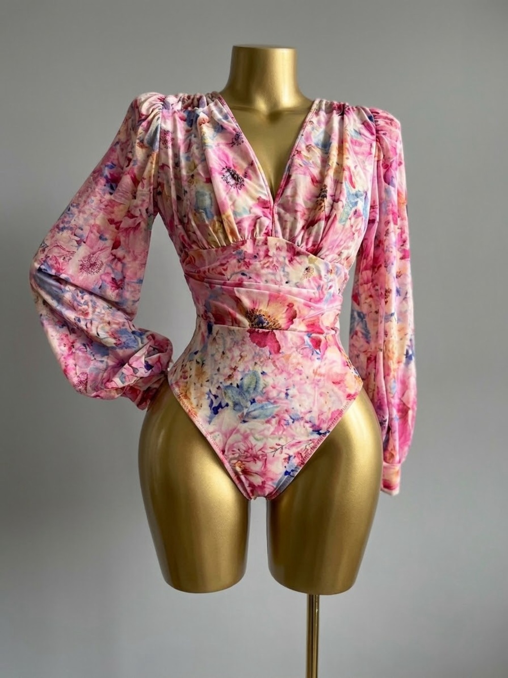 Pink Floral V-Neck Long Sleeve Bodysuit